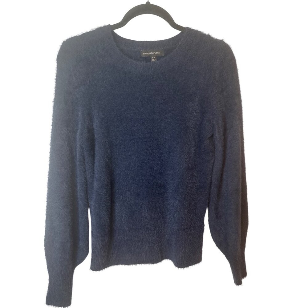 Banana Republic XS Fuzzy Navy Blue Sweater Long Sleeve Soft Nylon Cotton Blend